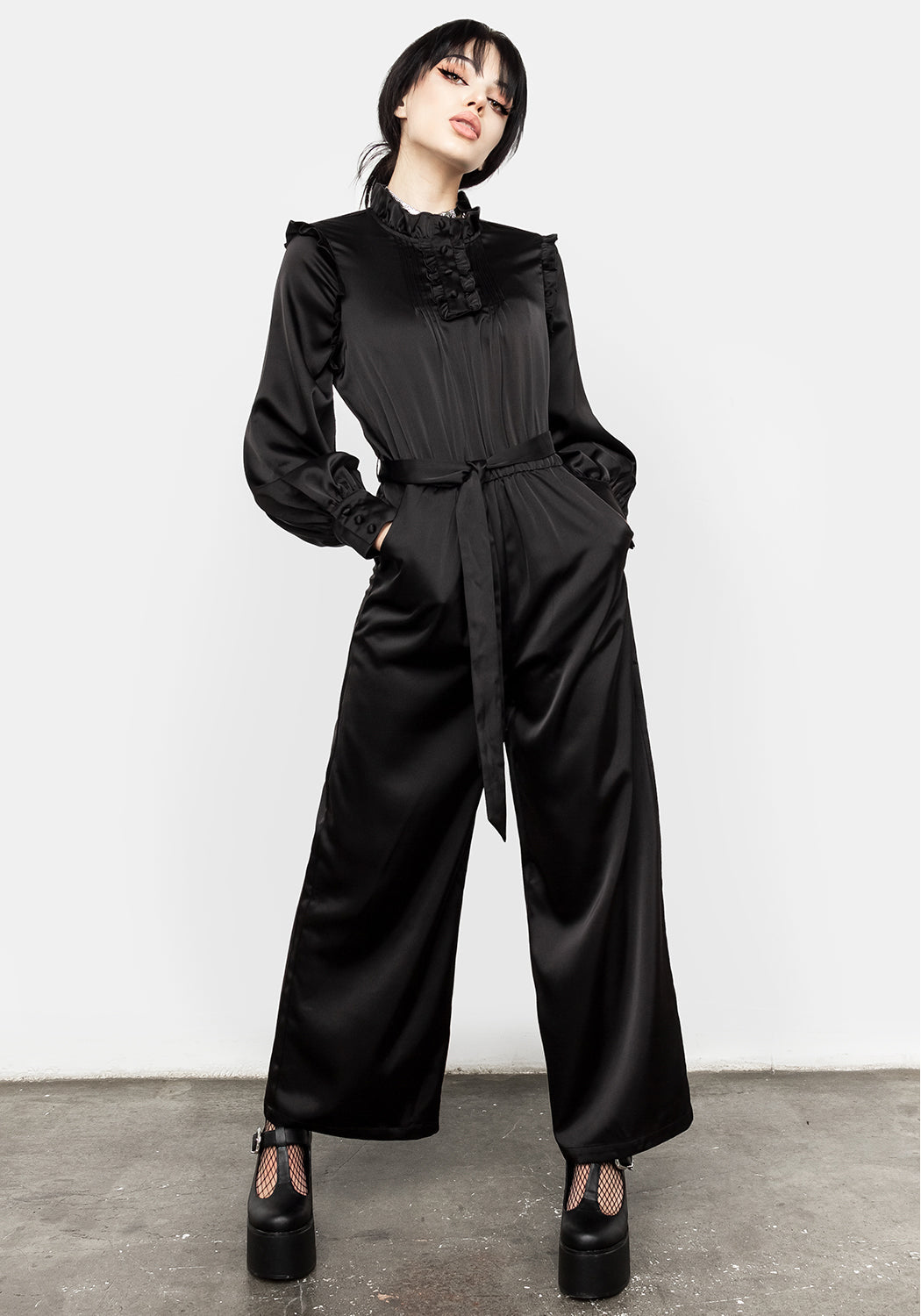 Black Pintuck Ruffle Jumpsuit with Puff Sleeves | Obsession