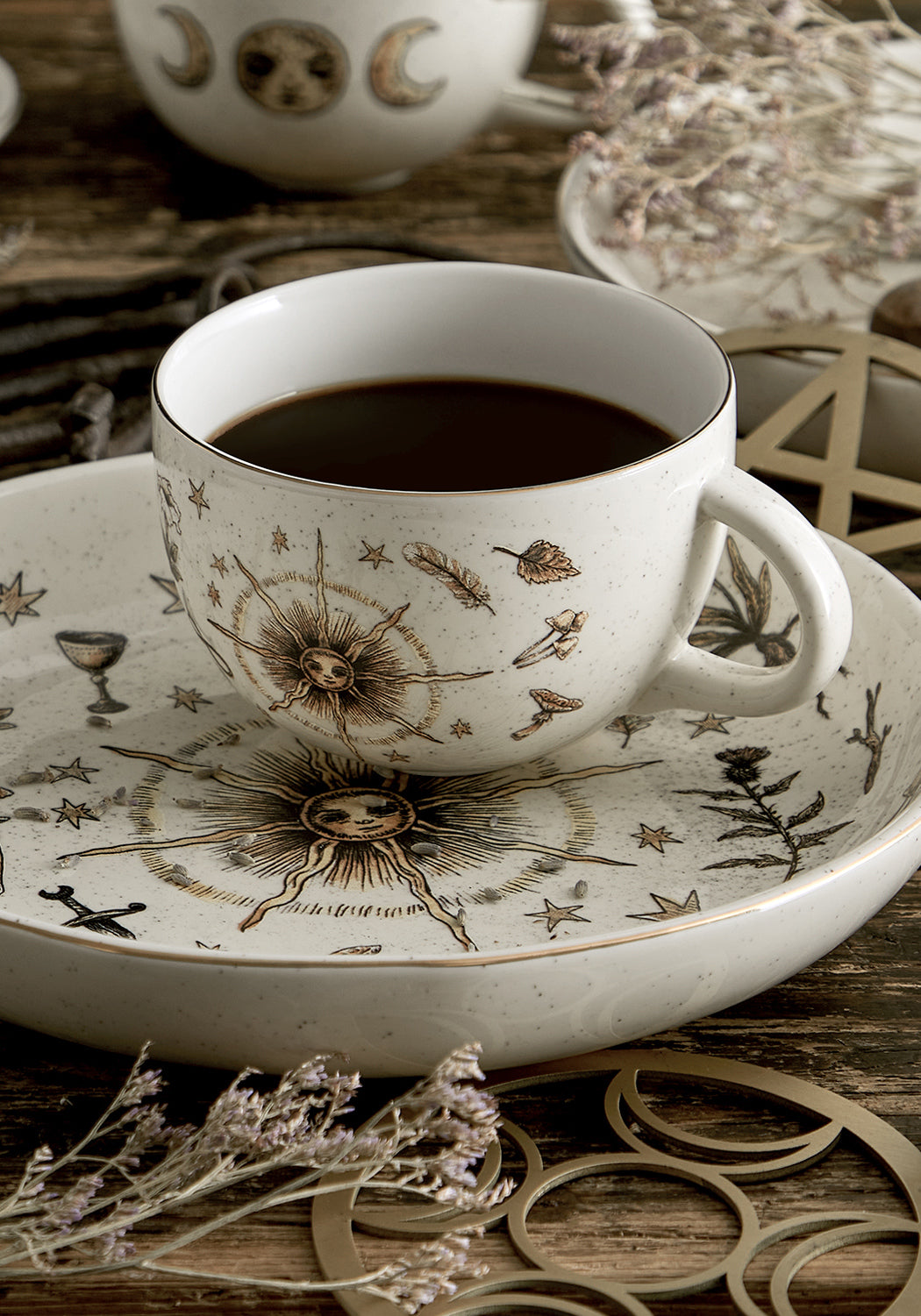 Pagan-Inspired Sun Symbol Mug with Gold Foil Rim | Celestial Cup