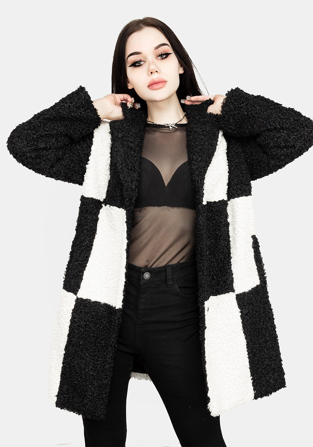 Checkerboard Teddy Coat - Oversized Wool Coat for Women | Dreamtime