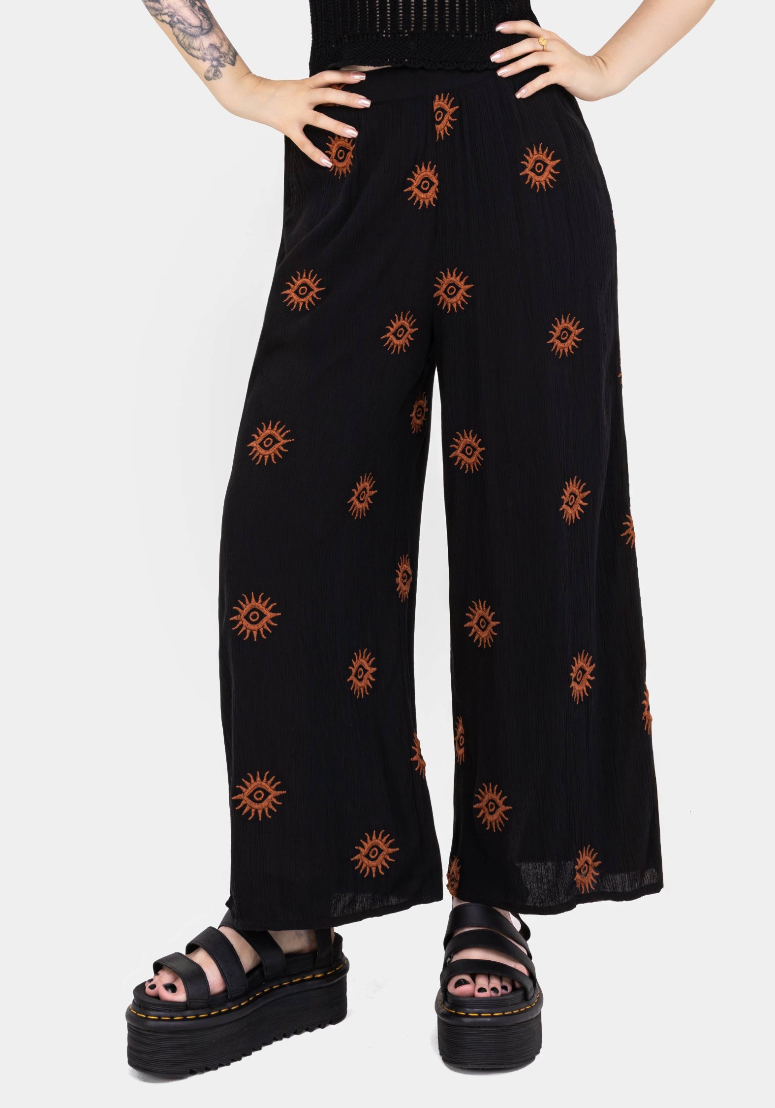 Embroidered Wide Leg Culottes with Pockets & Elastic Waist | Solstice