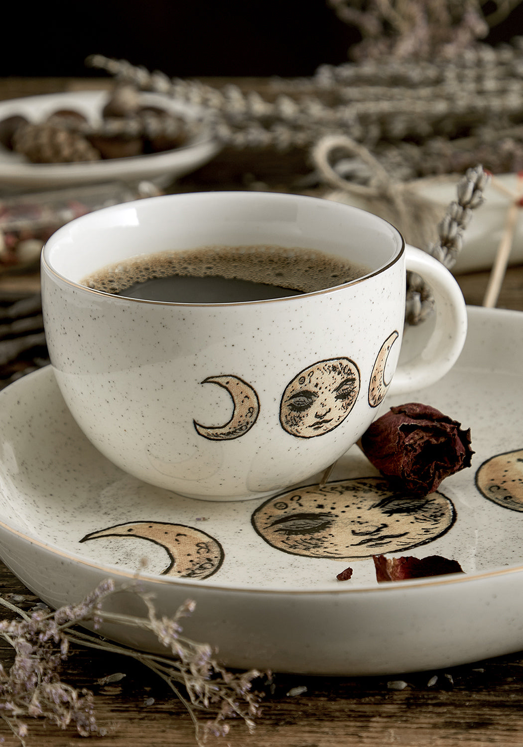 Triple Moon Goddess Ceramic Cup with Gold Rim | Pagan Tea Mug
