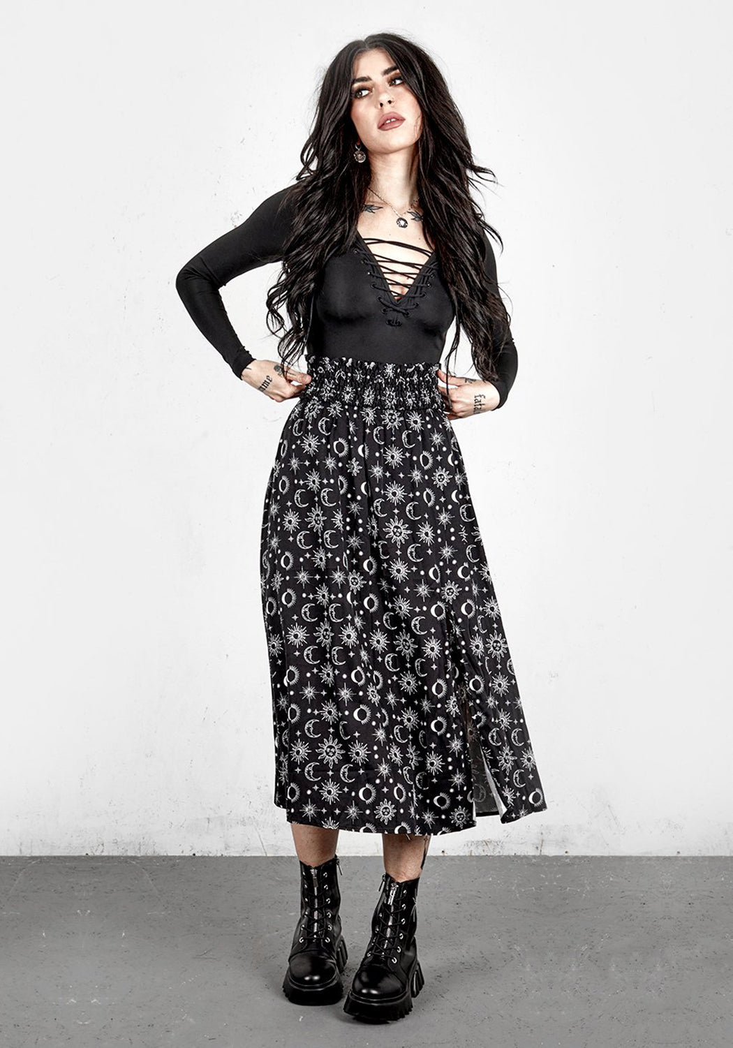 Black Lace-Up Bodysuit with Long Sleeves & Tie-Front | Nancy