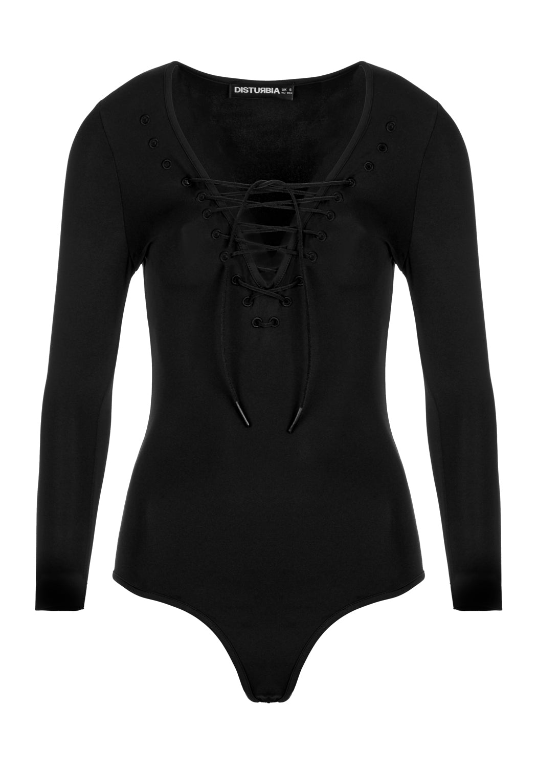 Black Lace-Up Bodysuit with Long Sleeves & Tie-Front | Nancy