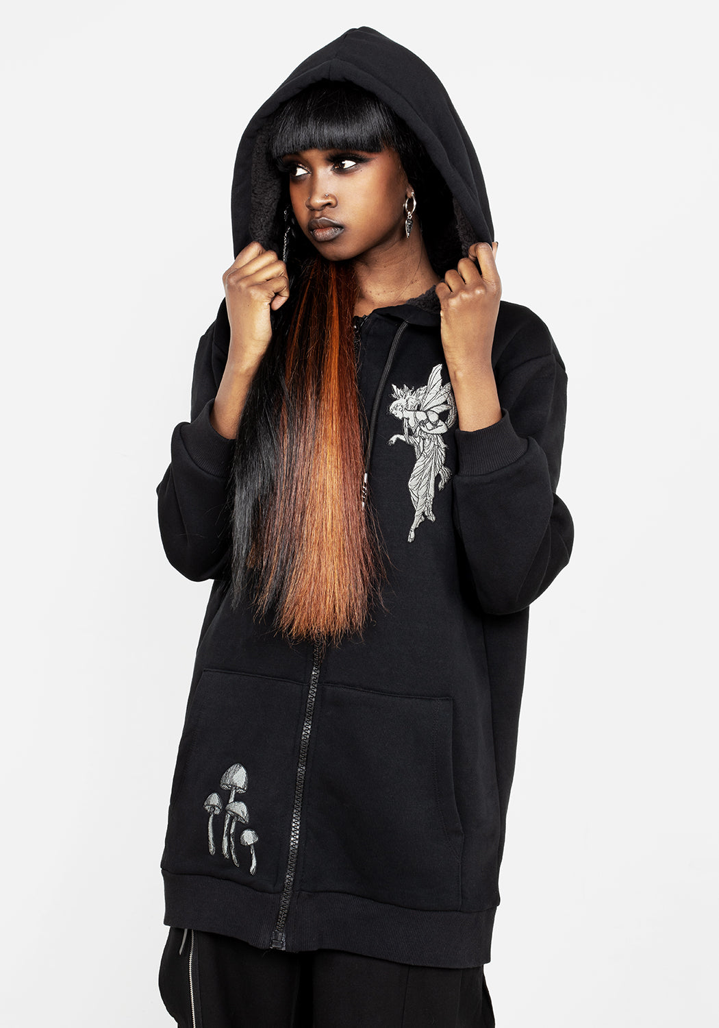 Oversized Fleece-Lined Hoody with Fairy Embroidery | Marasmius Longline