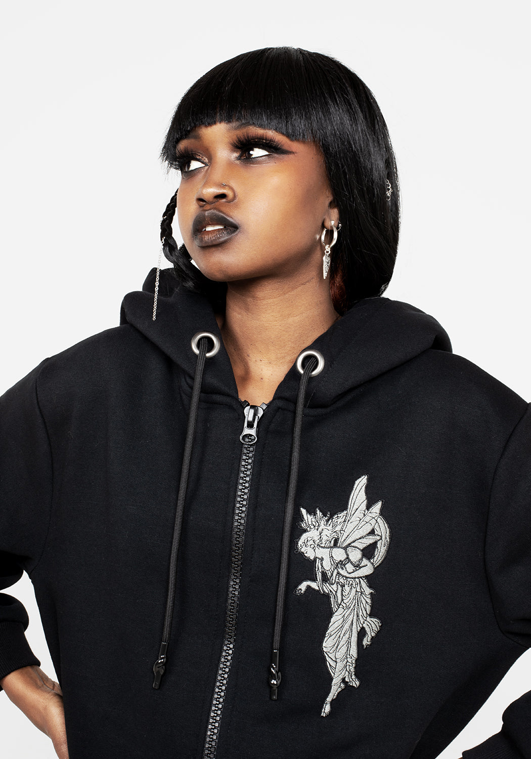 Oversized Fleece-Lined Hoody with Fairy Embroidery | Marasmius Longline