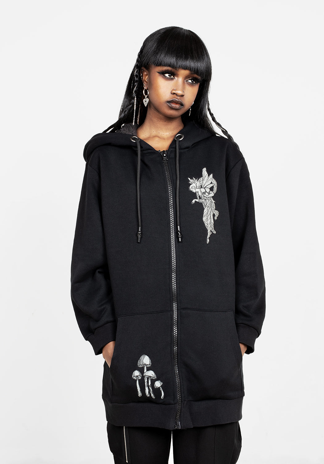 Oversized Fleece-Lined Hoody with Fairy Embroidery | Marasmius Longline