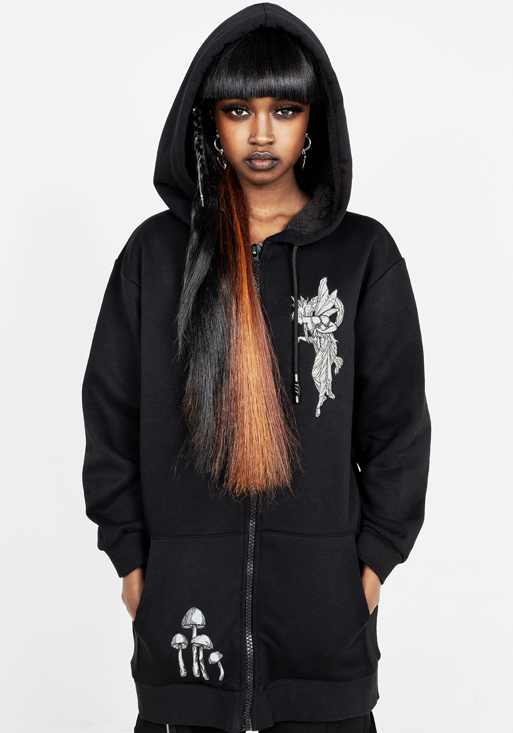 Oversized Fleece-Lined Hoody with Fairy Embroidery | Marasmius Longline