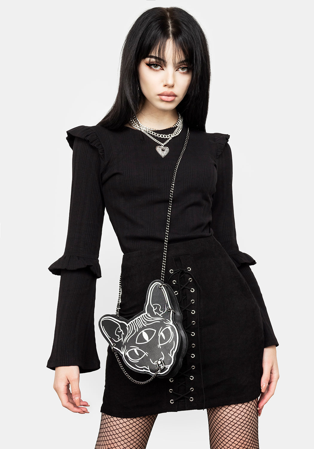 3D Sphynx Head Shoulder Bag with Chain Strap | Faux Leather Gothic Purse