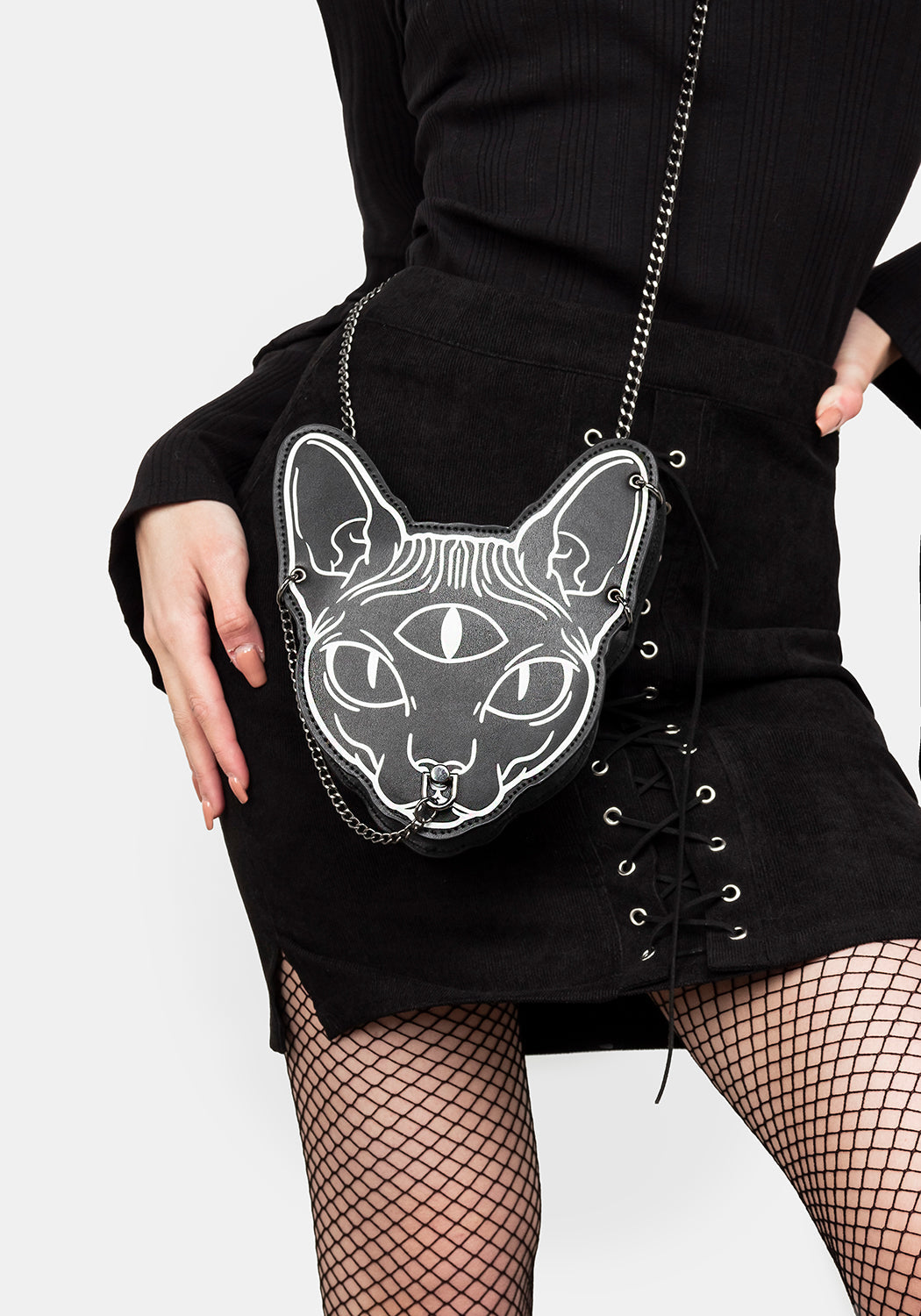 3D Sphynx Head Shoulder Bag with Chain Strap | Faux Leather Gothic Purse