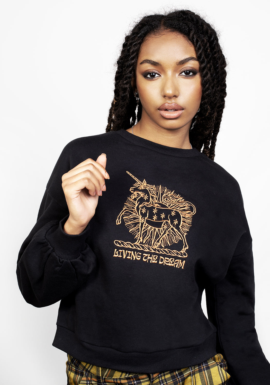 Black Oversized Balloon Sleeve Sweater with Unicorn Embroidery | Sundream