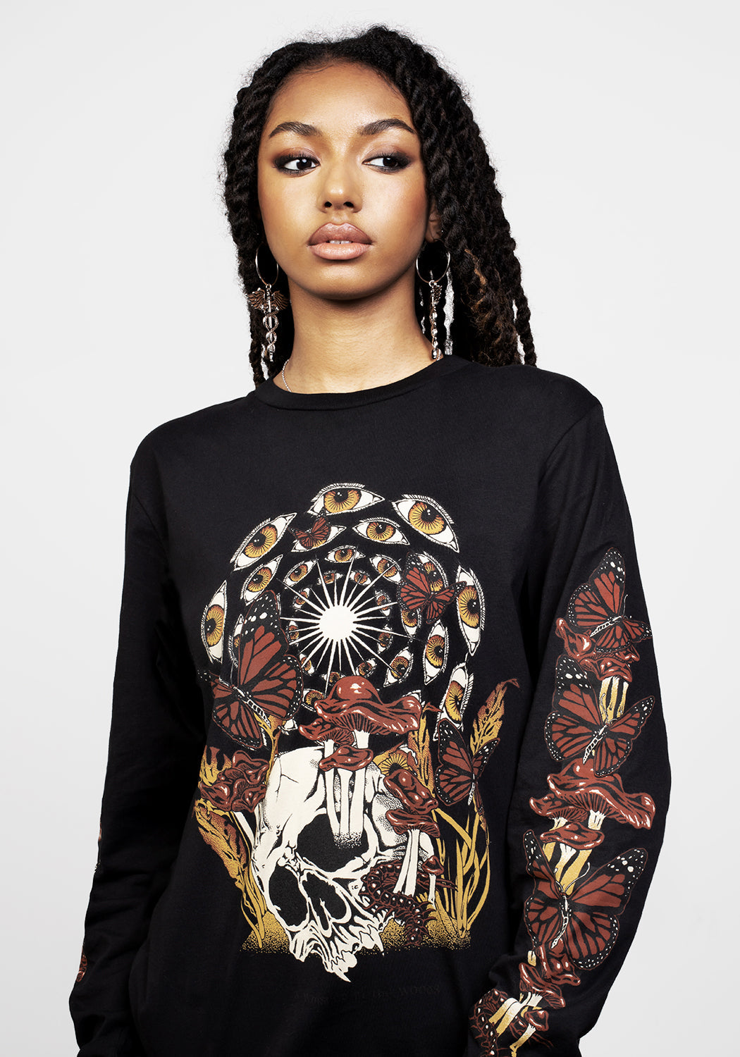 Black Graphic Long Sleeve T-Shirt with Mushroom Butterfly Print | Gods Flesh