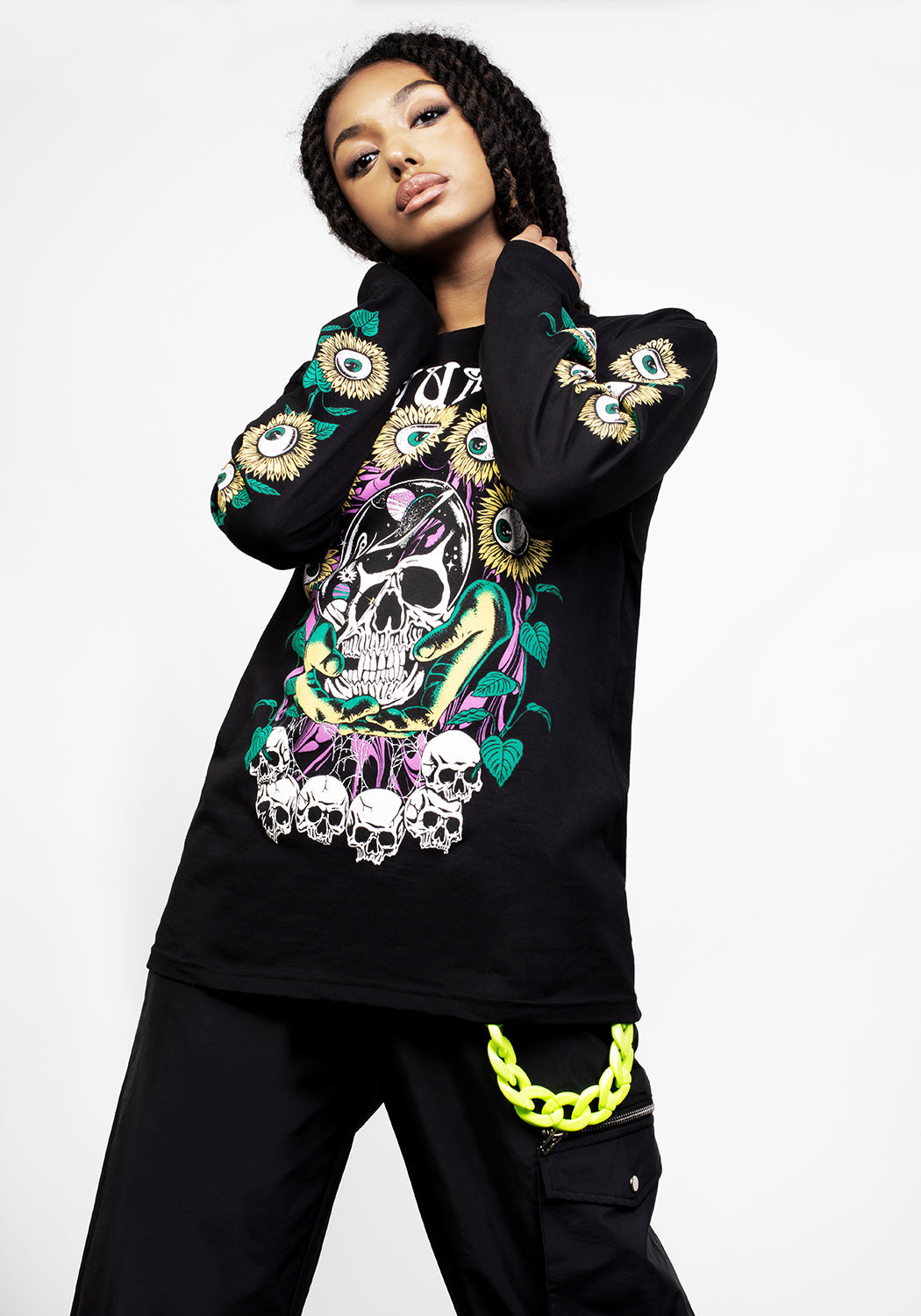 Black Graphic Long Sleeve T-Shirt with Skullflower Print | PALMS