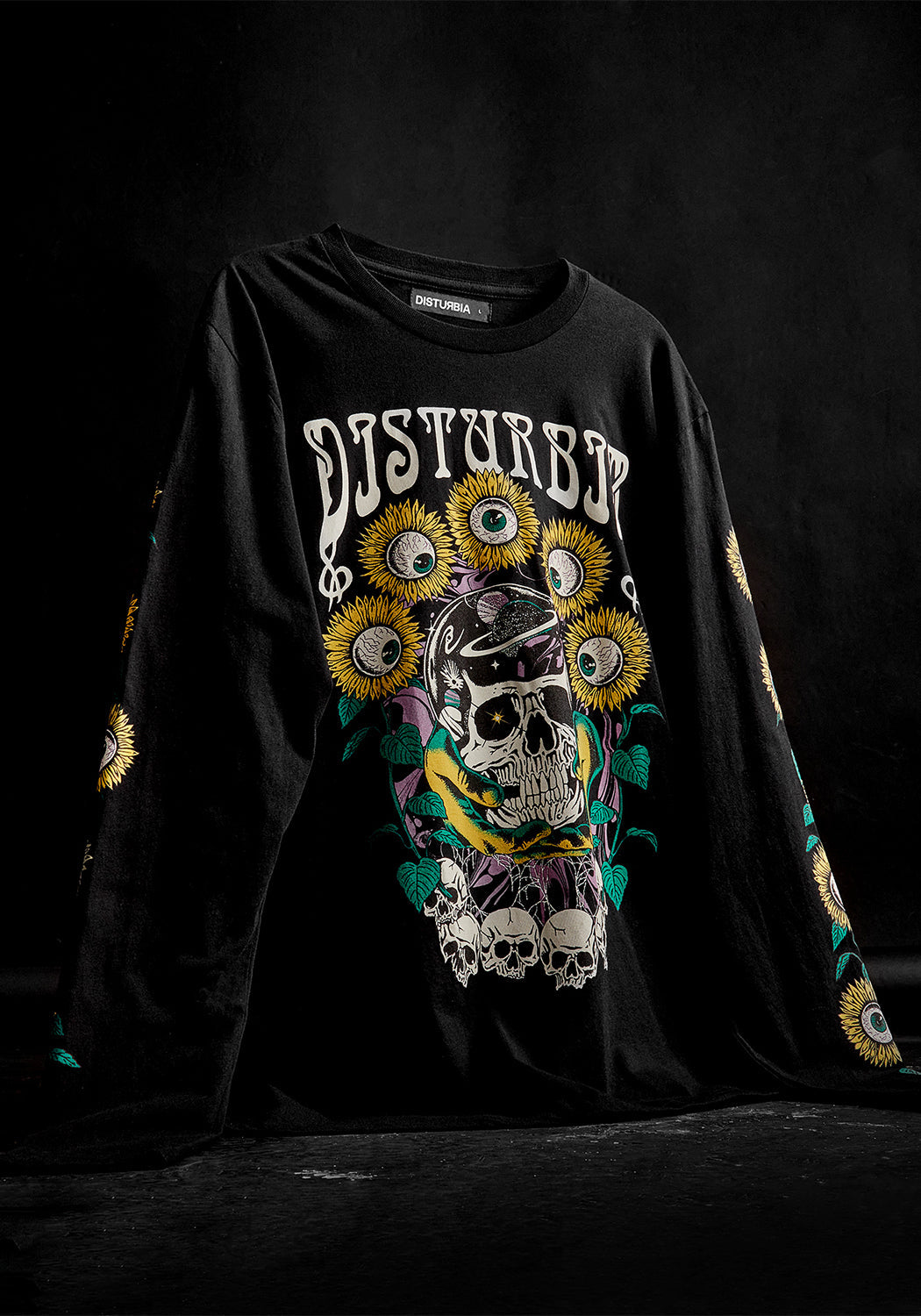 Black Graphic Long Sleeve T-Shirt with Skullflower Print | PALMS