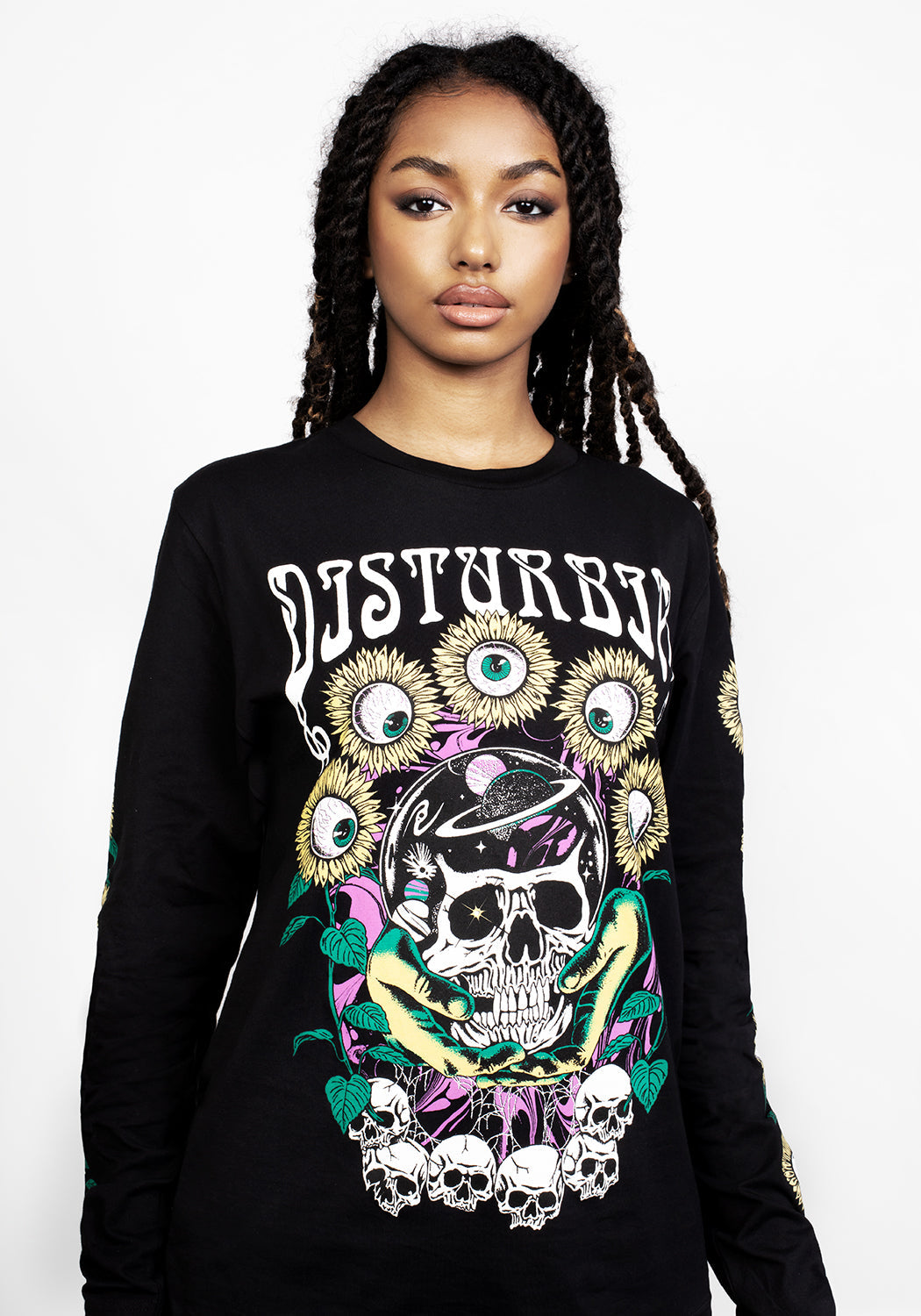 Black Graphic Long Sleeve T-Shirt with Skullflower Print | PALMS