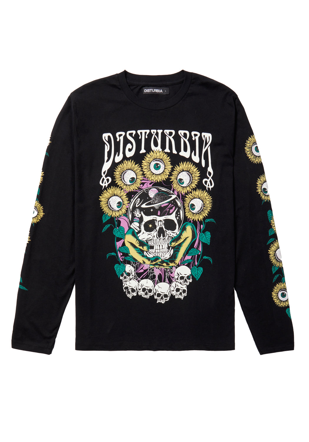 Black Graphic Long Sleeve T-Shirt with Skullflower Print | PALMS