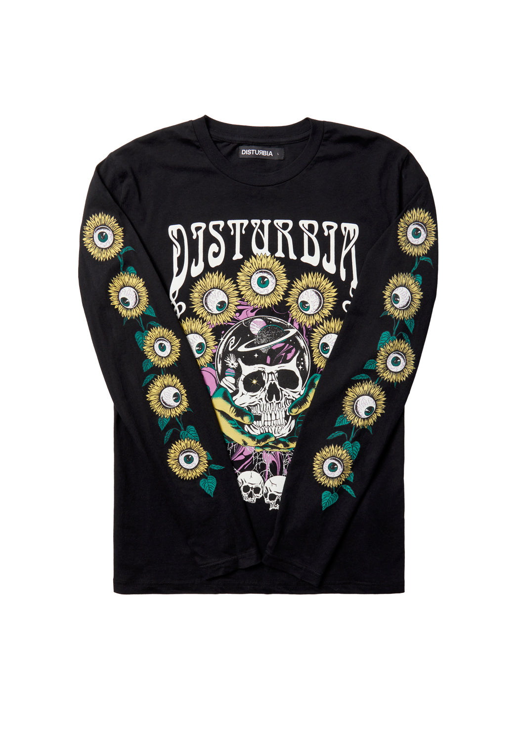 Black Graphic Long Sleeve T-Shirt with Skullflower Print | PALMS