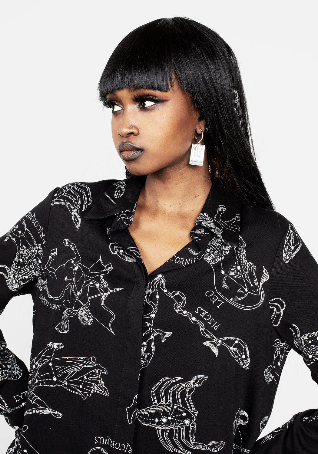 Oversized Asymmetric Shirt with Zodiac Print | Black Rayon Blouse