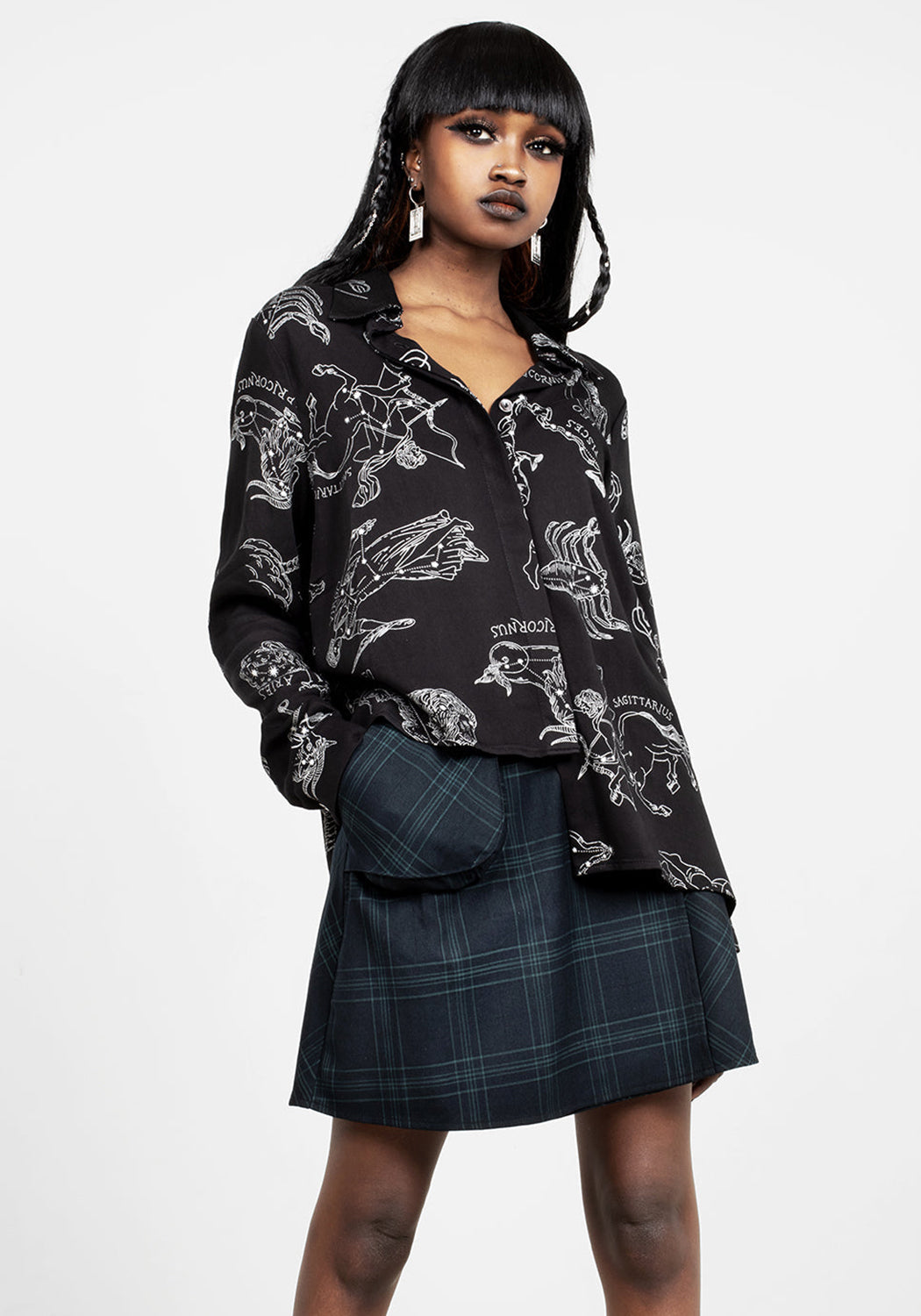Oversized Asymmetric Shirt with Zodiac Print | Black Rayon Blouse