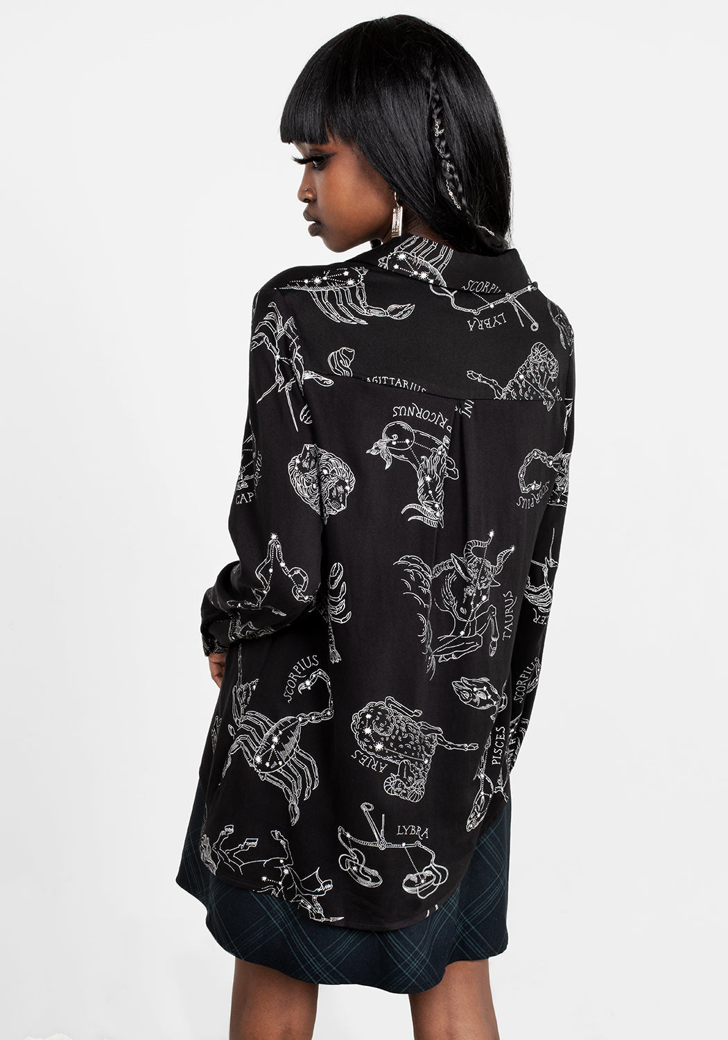 Oversized Asymmetric Shirt with Zodiac Print | Black Rayon Blouse