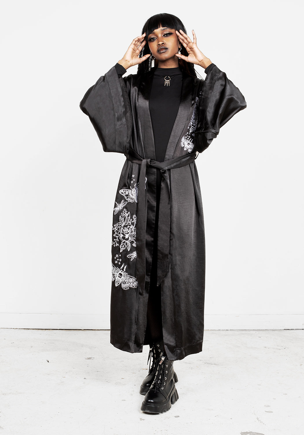 Gothic Embroidered Kimono with Deathmoth Design | Black Silky Robe
