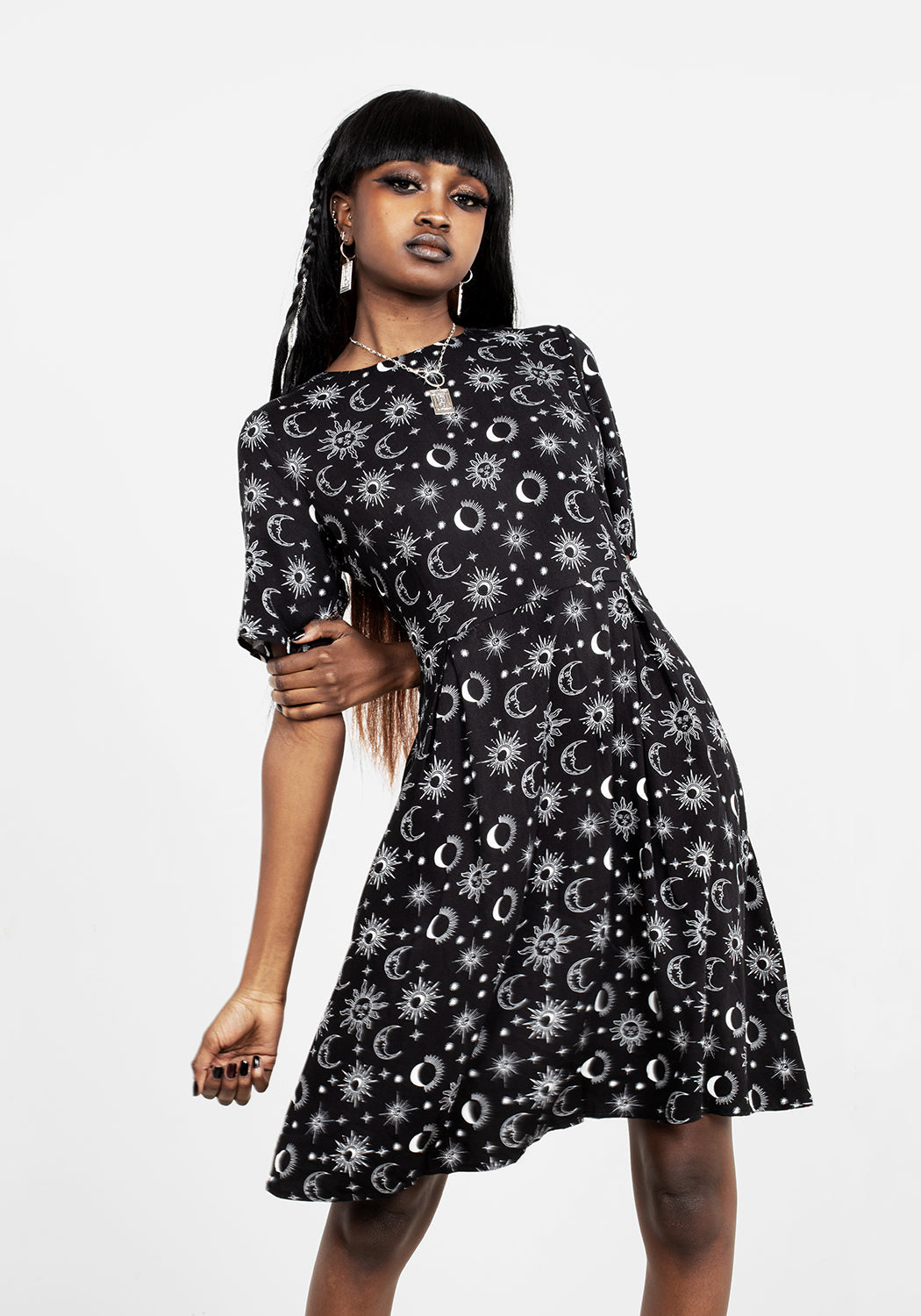 Black Skater Dress with Celestial Print & Keyhole Back | Moonbeam