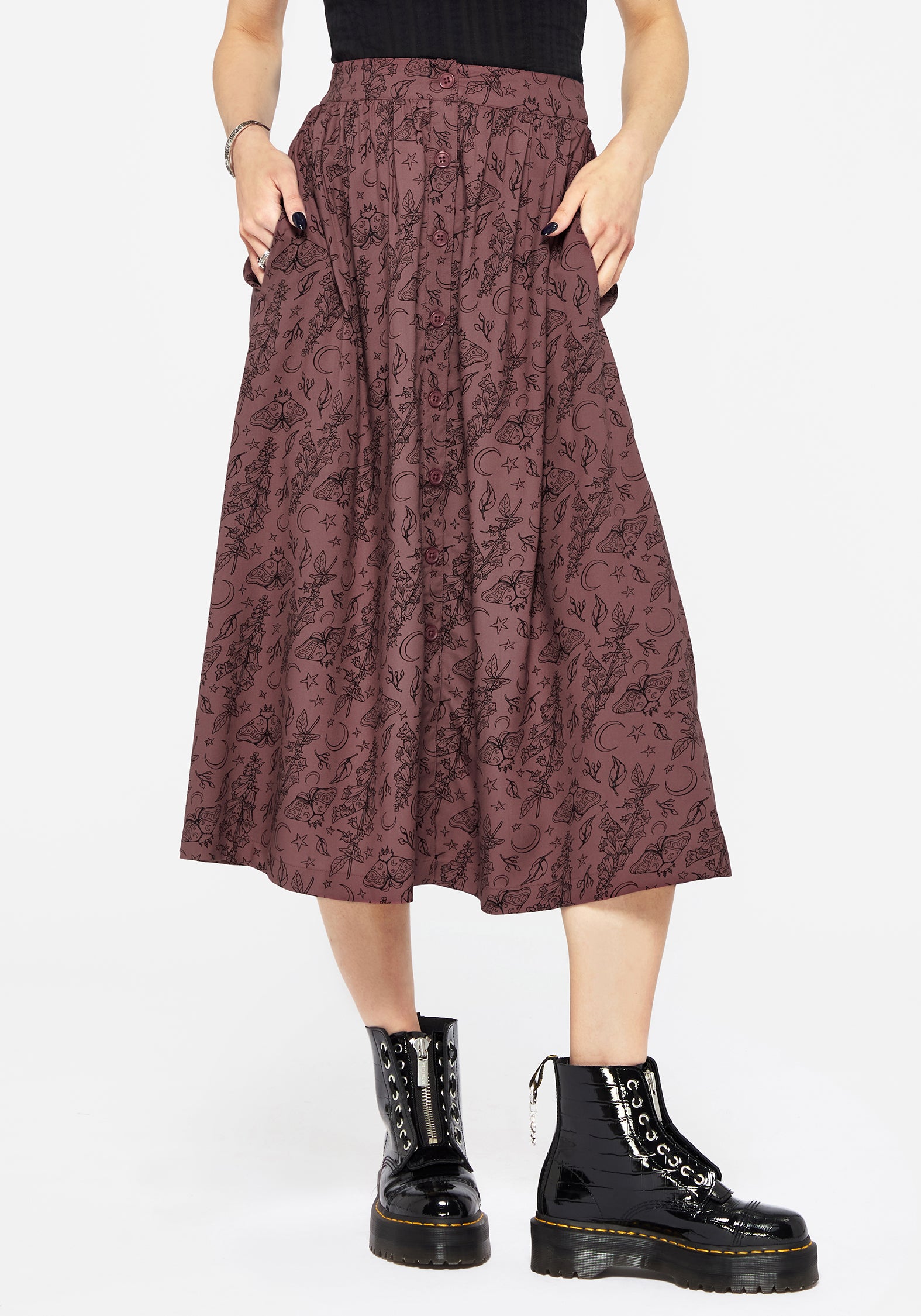 Purple Moth Print Button Down Midi Skirt | Roxana