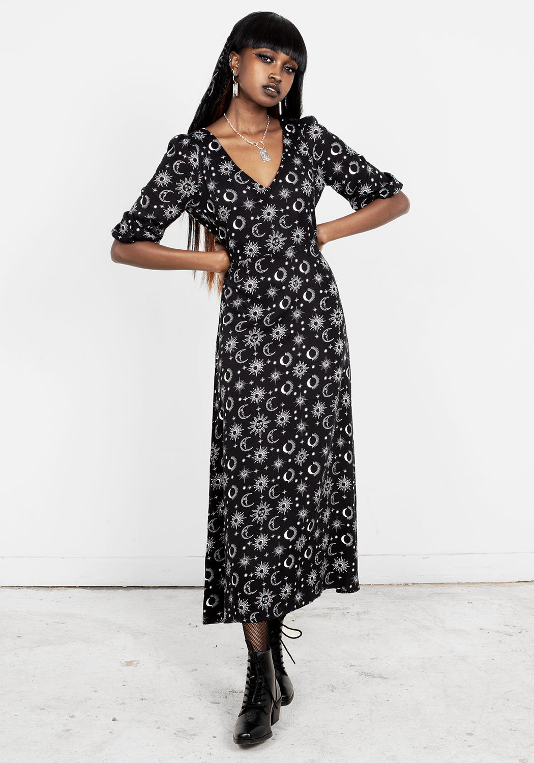 Black Star & Moon Midi Dress with V-Neck & 3/4 Sleeves | Moonbeam