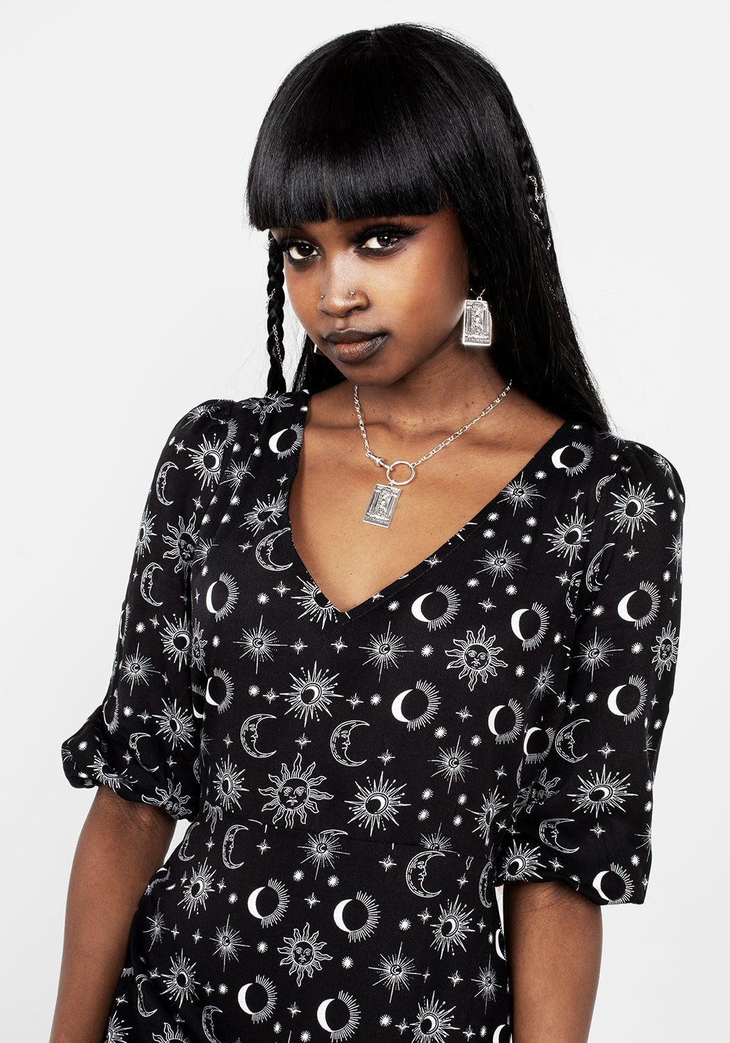 Black Star & Moon Midi Dress with V-Neck & 3/4 Sleeves | Moonbeam