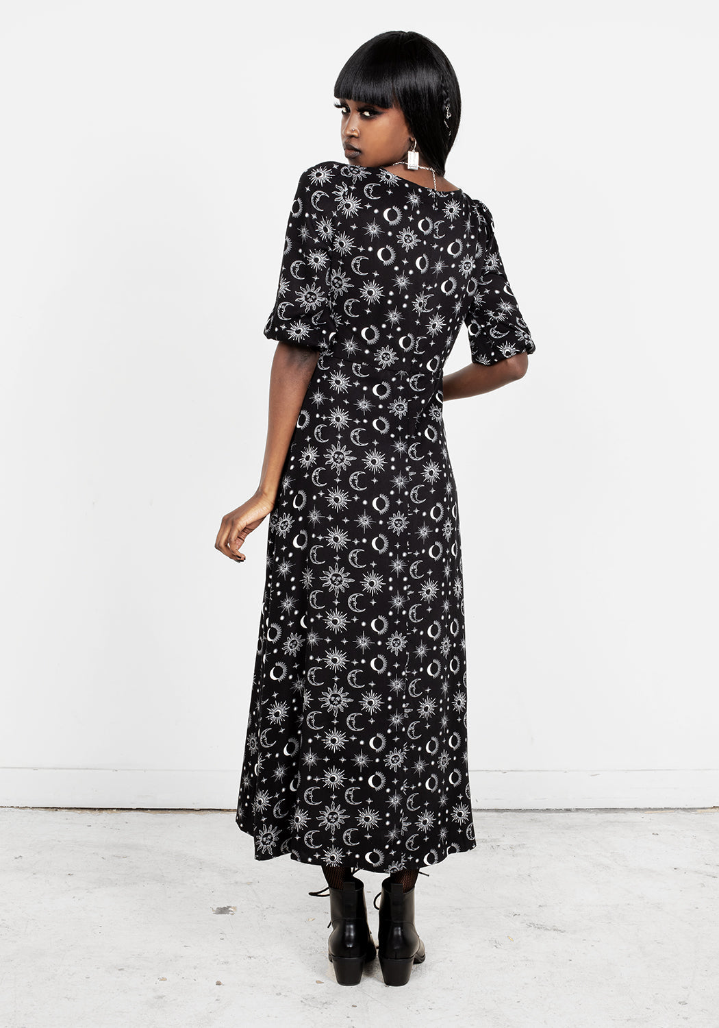 Black Star & Moon Midi Dress with V-Neck & 3/4 Sleeves | Moonbeam
