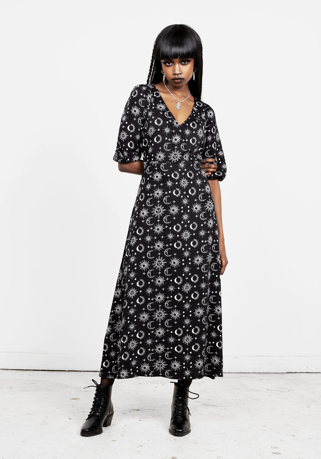 Black Star & Moon Midi Dress with V-Neck & 3/4 Sleeves | Moonbeam