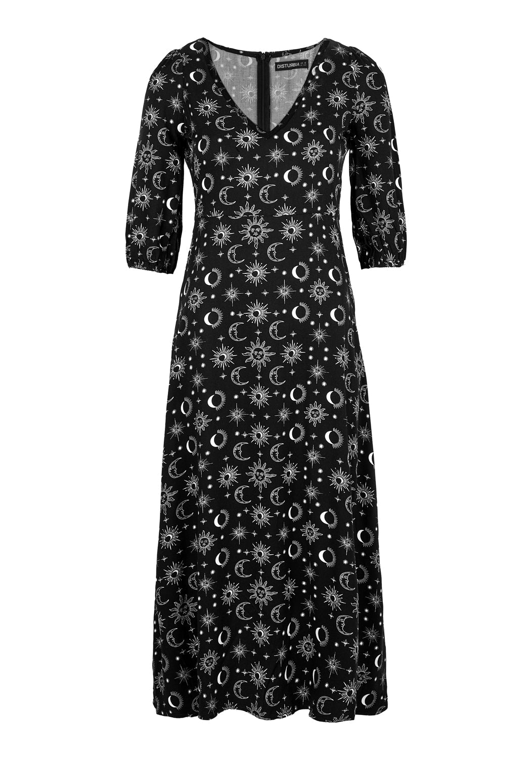 Black Star & Moon Midi Dress with V-Neck & 3/4 Sleeves | Moonbeam