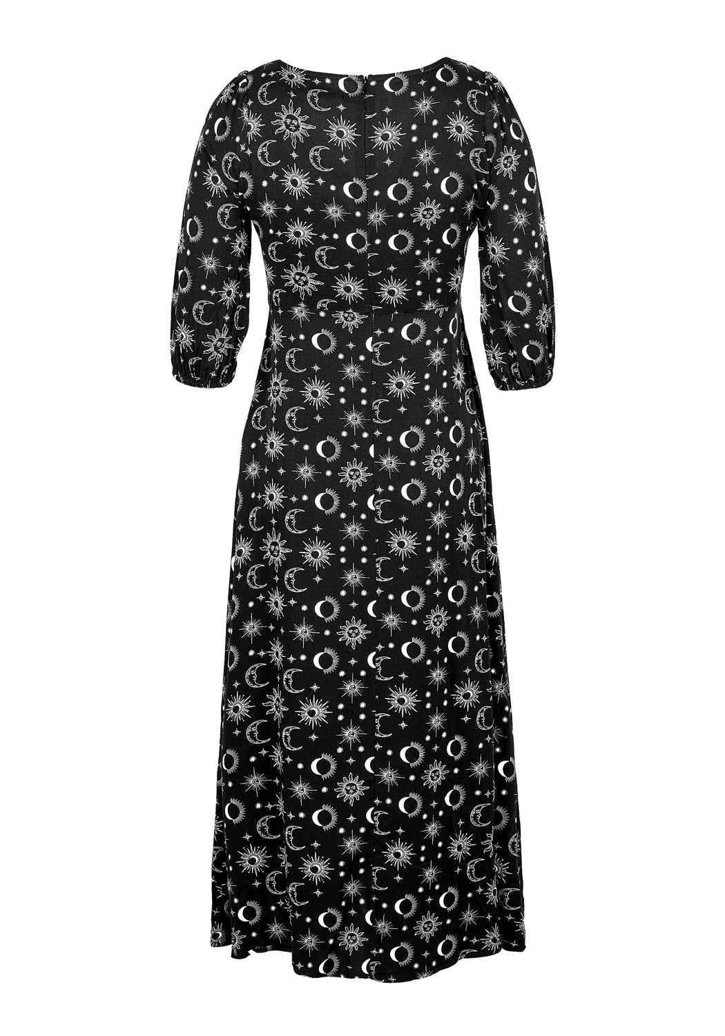Black Star & Moon Midi Dress with V-Neck & 3/4 Sleeves | Moonbeam
