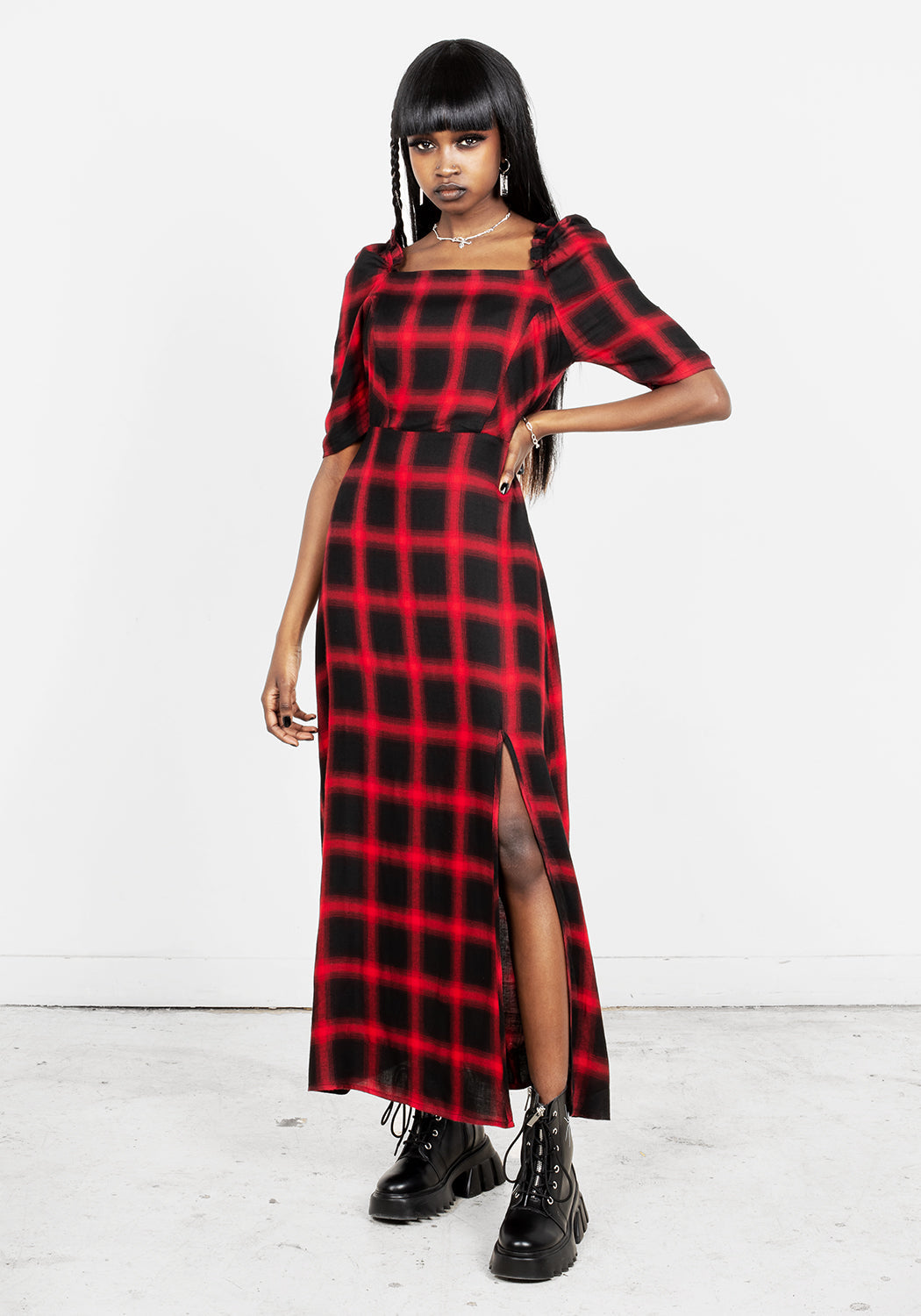 Red & Black Check Midi Dress with A-Line Cut & 3/4 Sleeves | Pennyroyal