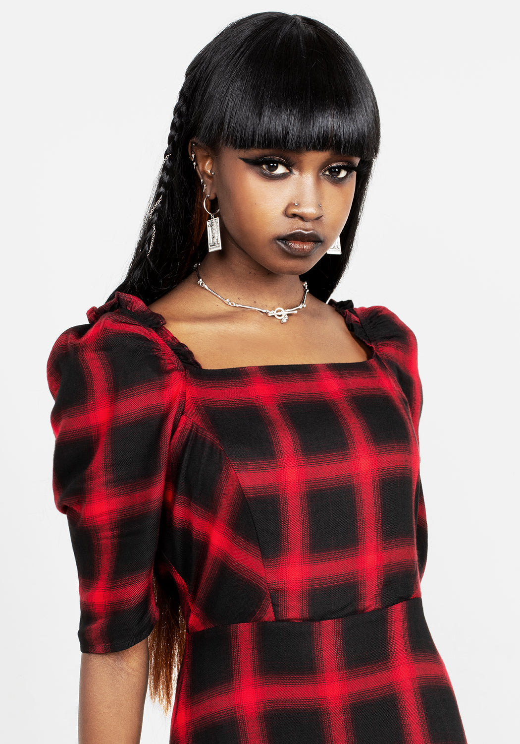 Red & Black Check Midi Dress with A-Line Cut & 3/4 Sleeves | Pennyroyal