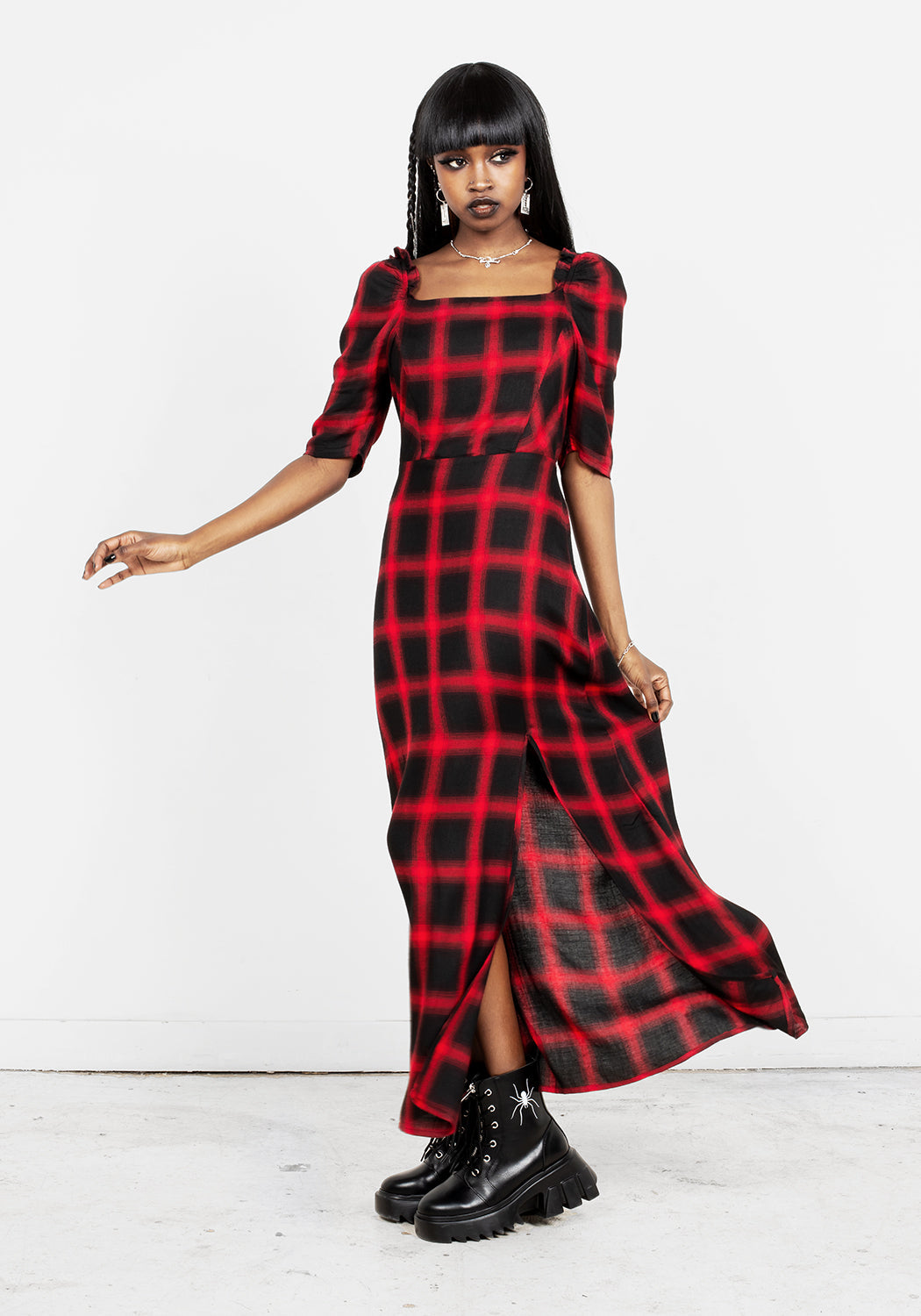 Red & Black Check Midi Dress with A-Line Cut & 3/4 Sleeves | Pennyroyal