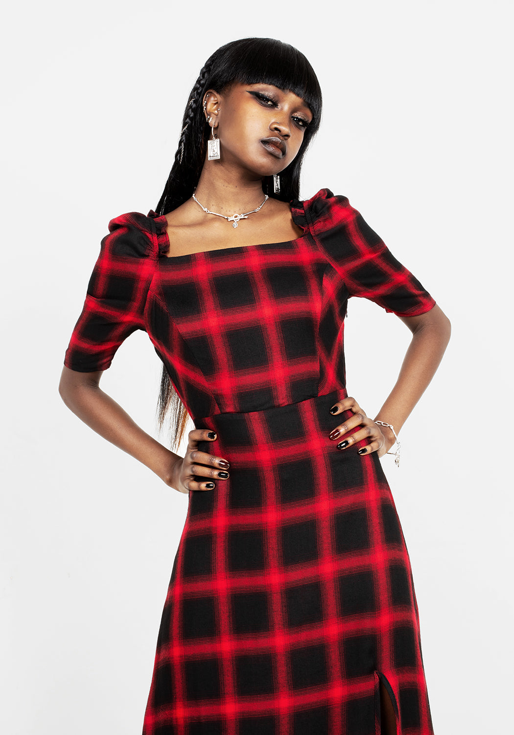 Red & Black Check Midi Dress with A-Line Cut & 3/4 Sleeves | Pennyroyal