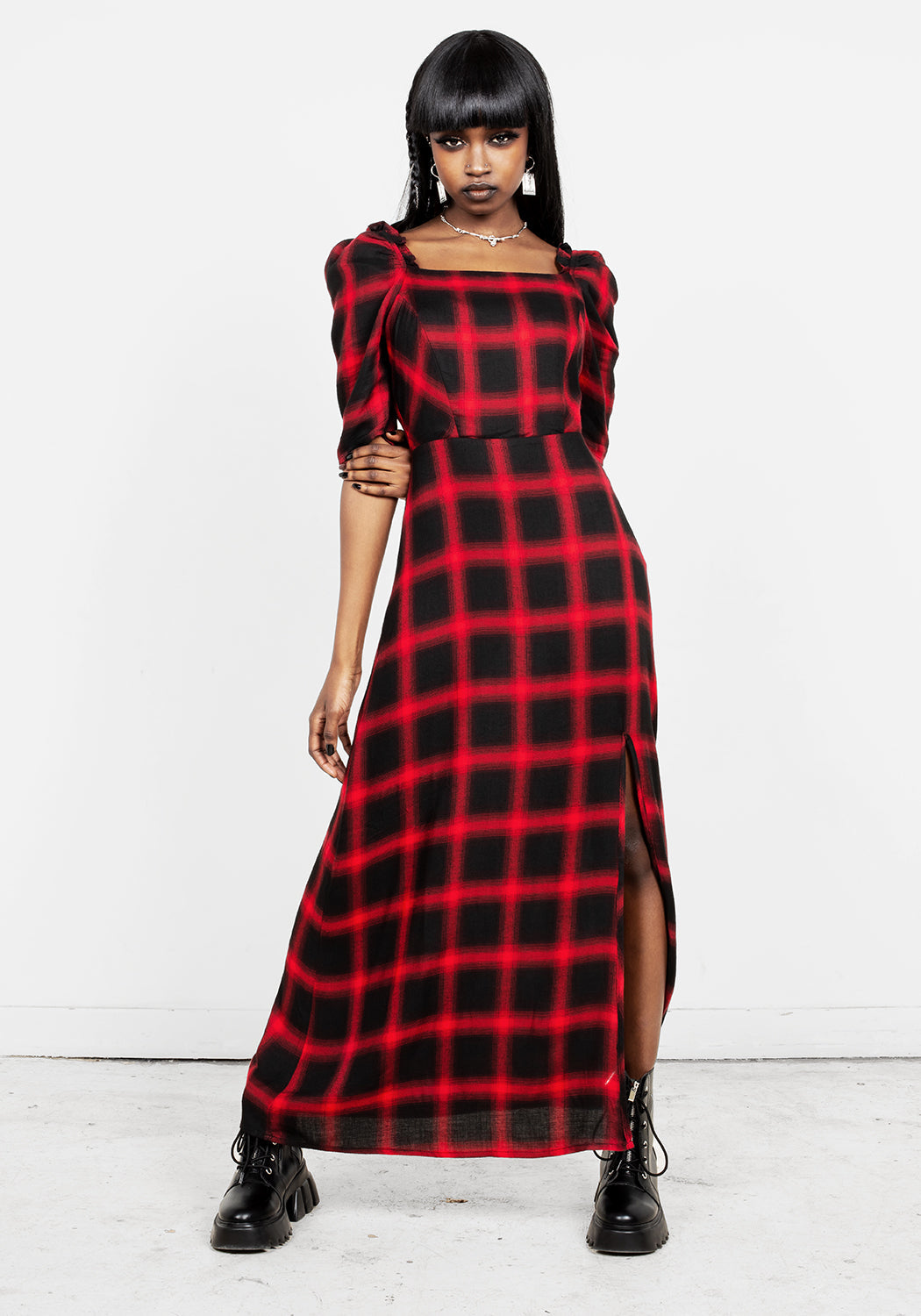 Red & Black Check Midi Dress with A-Line Cut & 3/4 Sleeves | Pennyroyal
