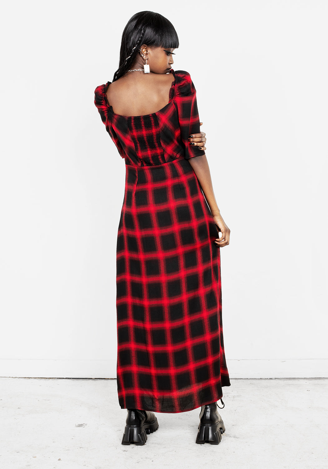 Red & Black Check Midi Dress with A-Line Cut & 3/4 Sleeves | Pennyroyal