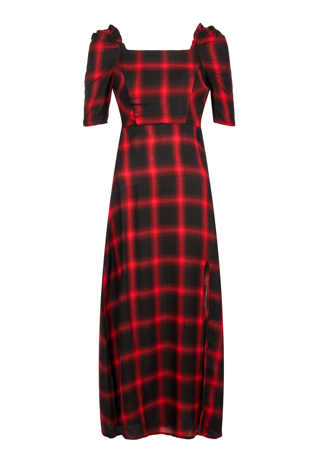 Red & Black Check Midi Dress with A-Line Cut & 3/4 Sleeves | Pennyroyal