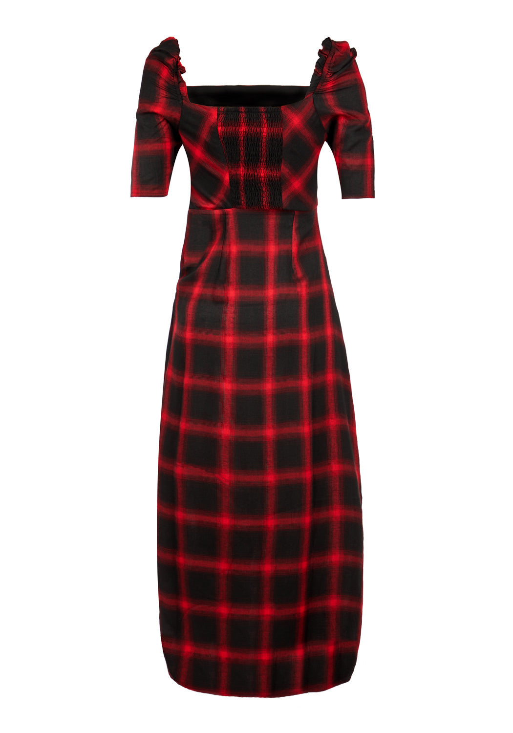 Red & Black Check Midi Dress with A-Line Cut & 3/4 Sleeves | Pennyroyal