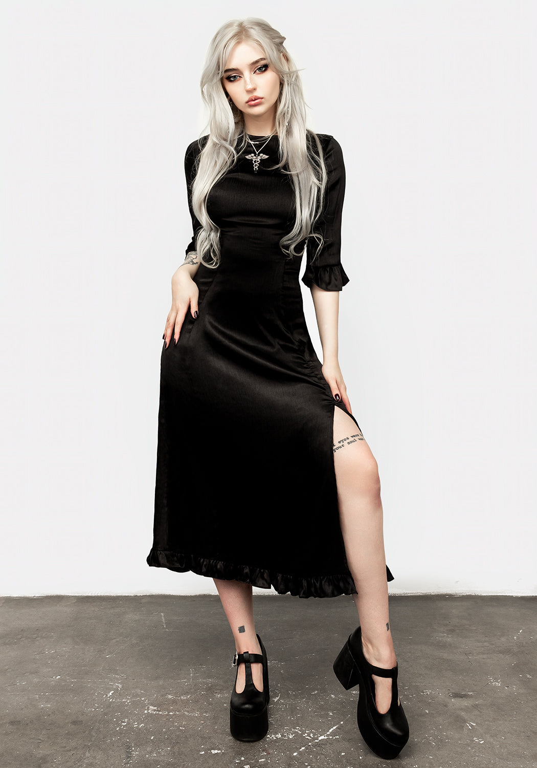 Black Gothic Midaxi Dress with Ruffle Hem & Leg Split | Ghoulfriend