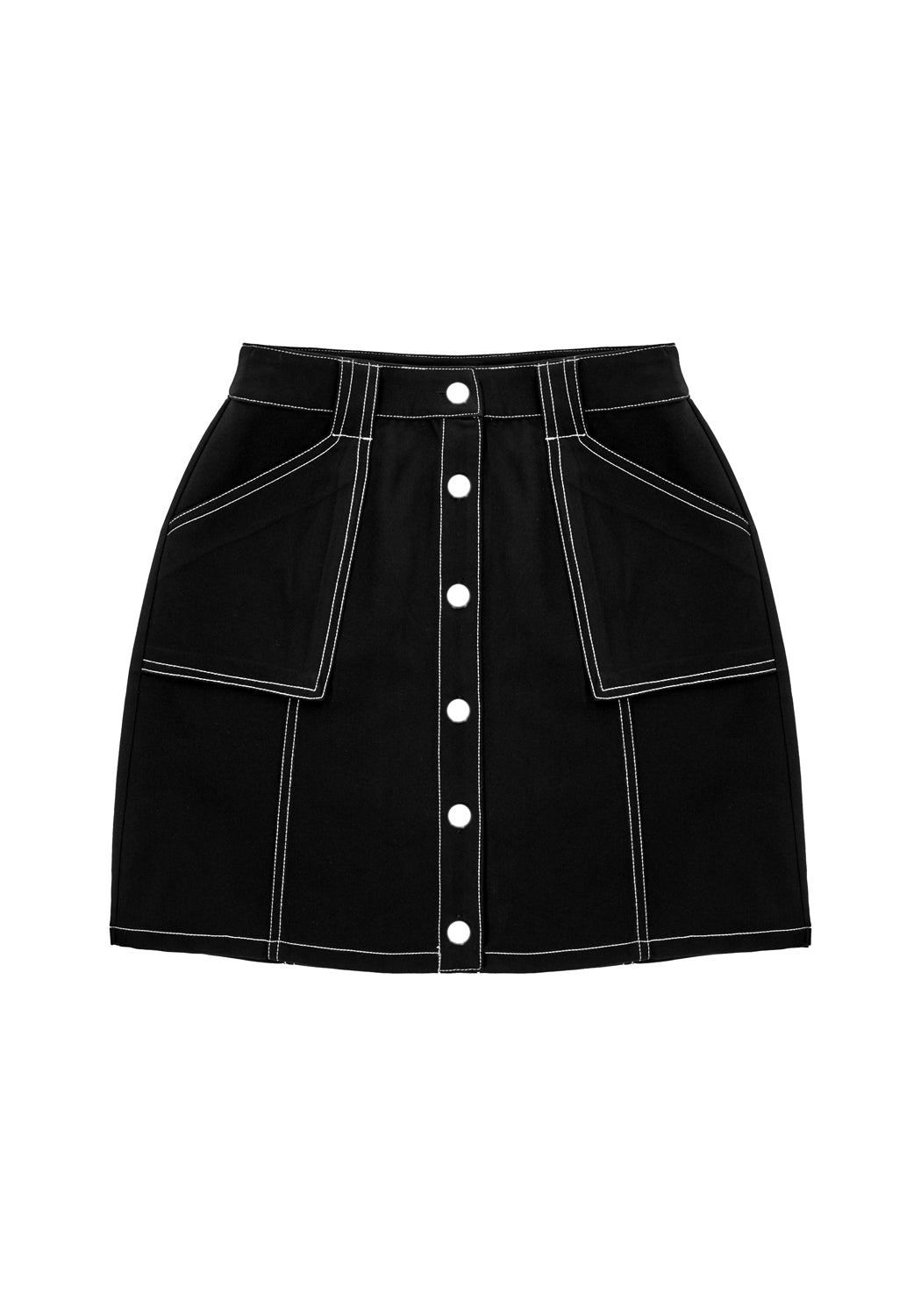 Black A-Line Mini Skirt with Contrast Stitch & Pockets | ALUMNA