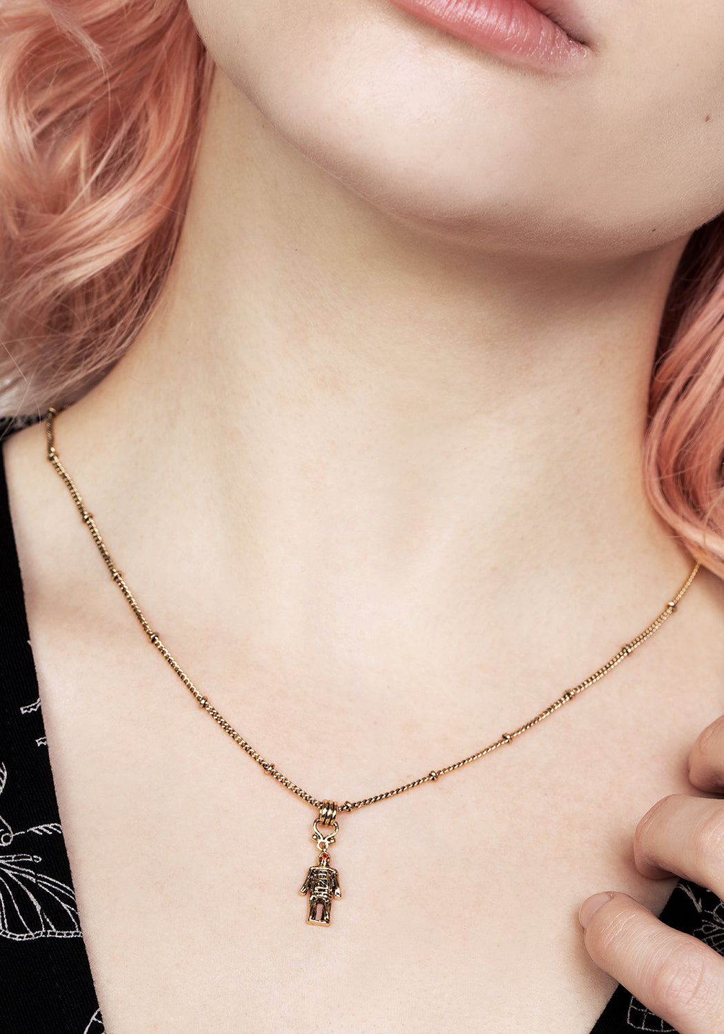 Gold-Plated Wicker Man Pendant Necklace with Cubic Zirconia | Delicate Trace Chain
