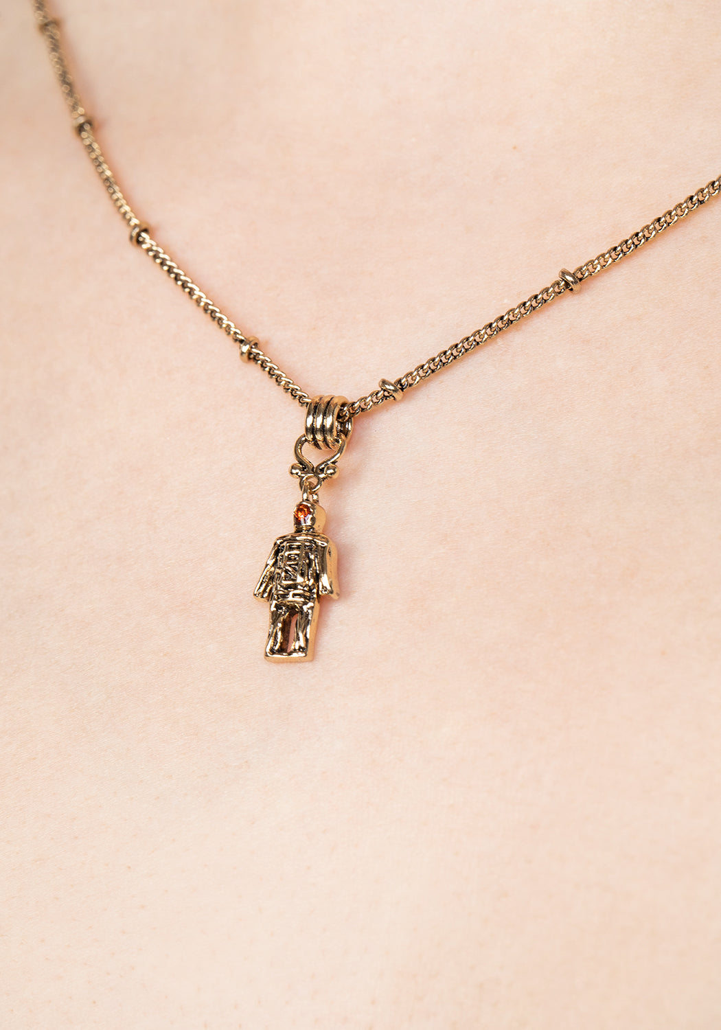 Gold-Plated Wicker Man Pendant Necklace with Cubic Zirconia | Delicate Trace Chain