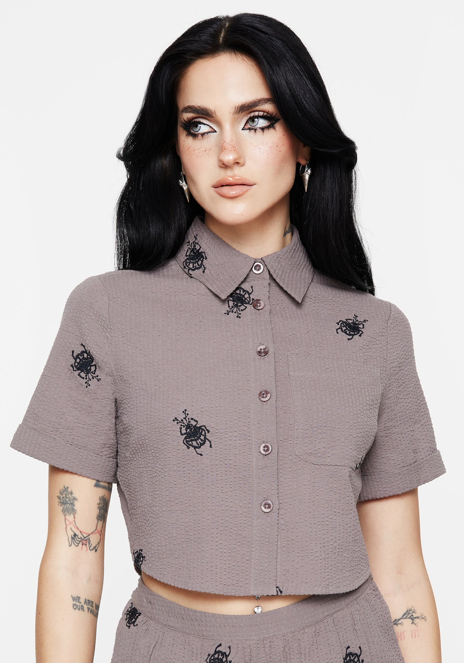 Taupe Stag Beetle Embroidered Button Up Shirt | 100% Cotton Cropped Fit