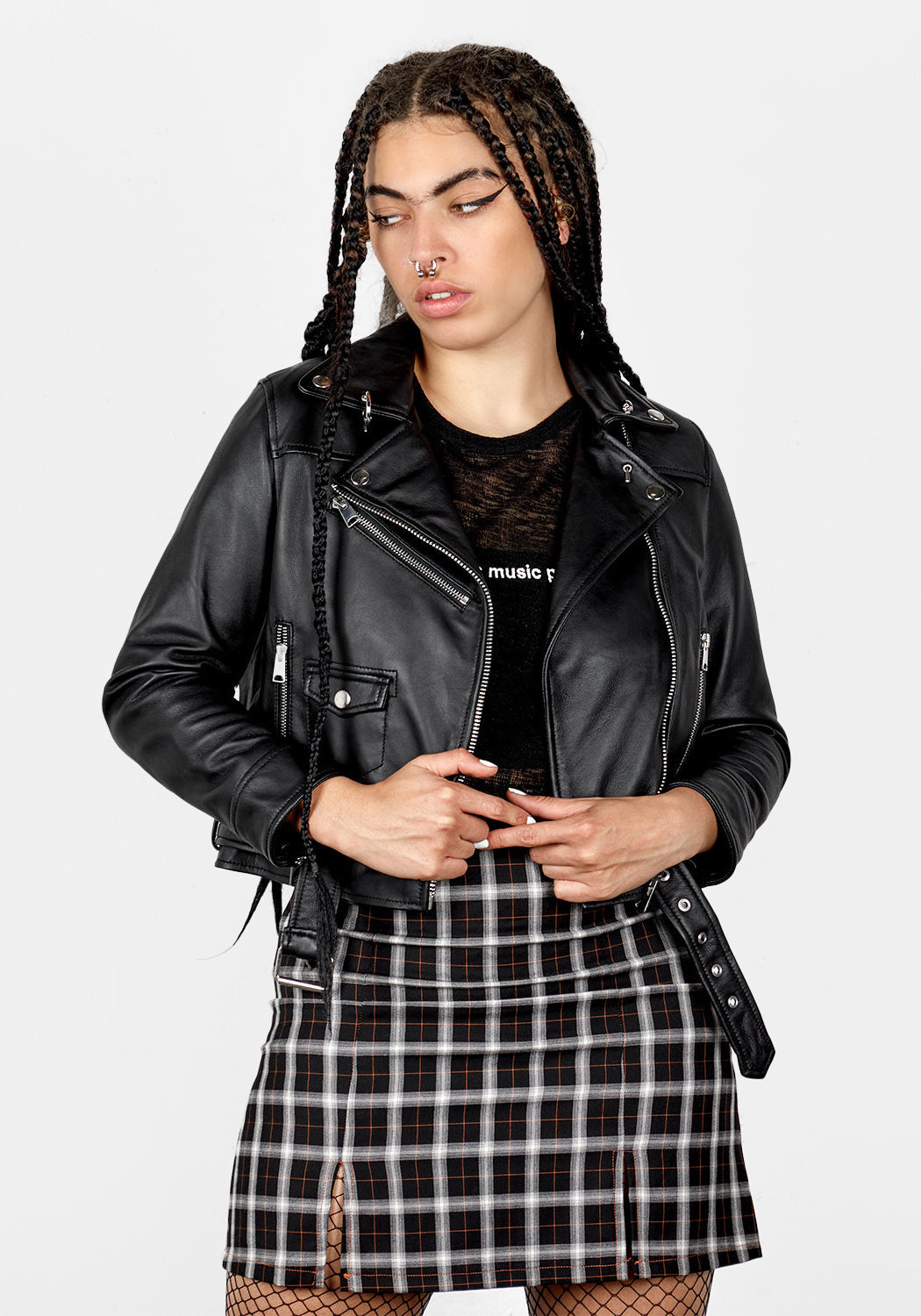 Recycled Leather Moto Jacket with Metal Hardware | Slim Fit Crop