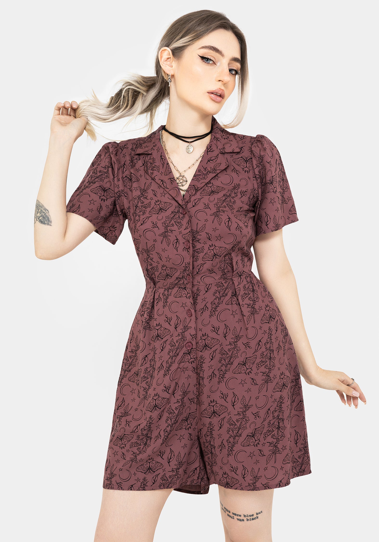 Purple Moth Print Button Down Playsuit with Pockets | Roxana