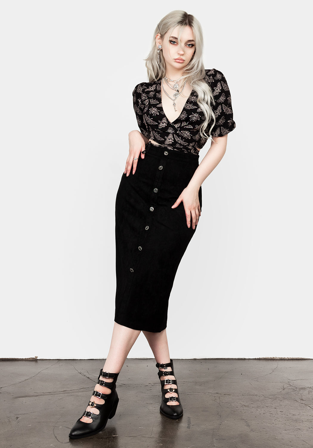Black Suede Midi Skirt with A-Line Cut & Stretchy Fabric | Tanya