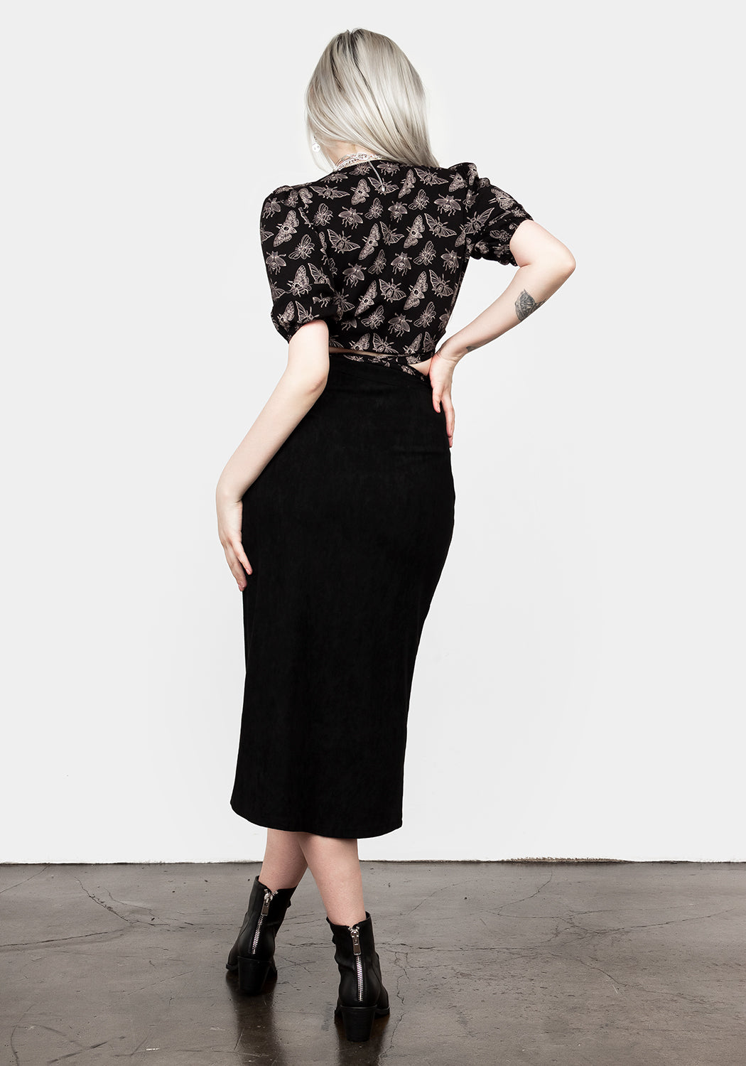Black Suede Midi Skirt with A-Line Cut & Stretchy Fabric | Tanya