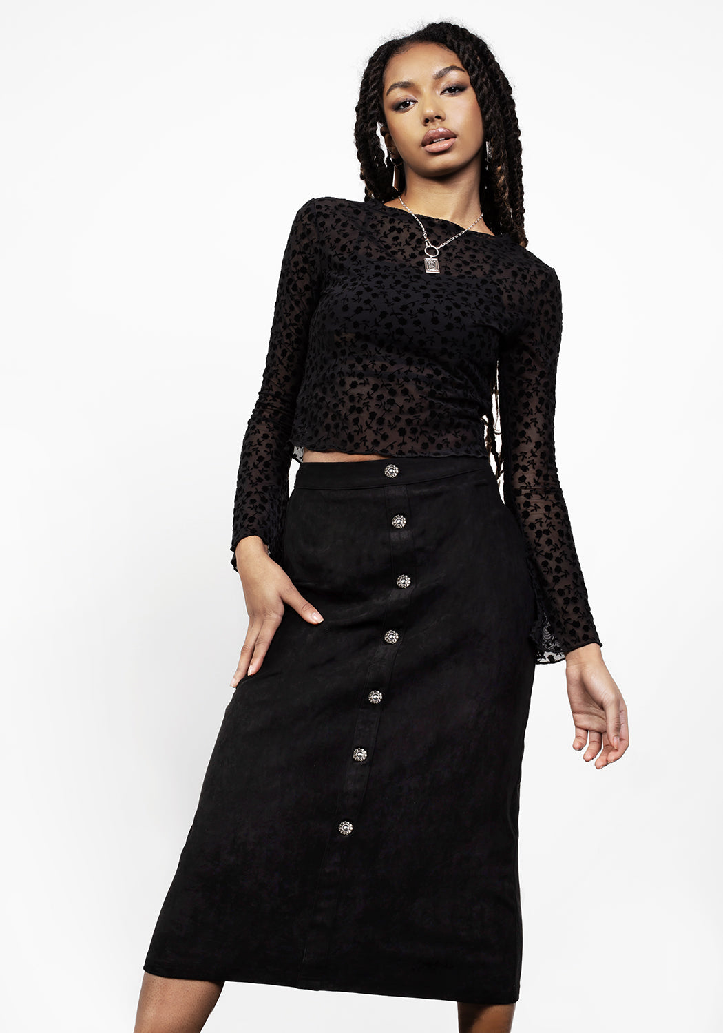 Black Suede Midi Skirt with A-Line Cut & Stretchy Fabric | Tanya